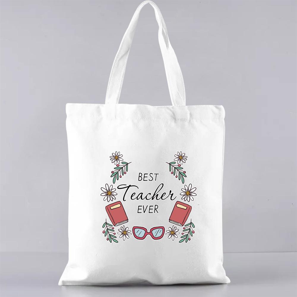 Fashion Shopping Bag Handbag Commuter Casual Shoulder Bag Reusable Canvas Bag White Cartoon Teacher Pattern Printing Tote Bag