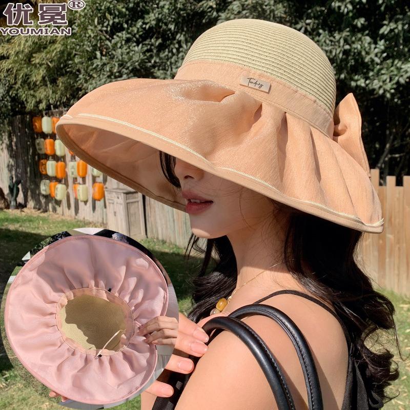 New Sun Hat Women's Summer Big Brim Sun Hat Bow Fisherman Hat Sun Protection Breathable Fashion Straw Hat Outdoor
