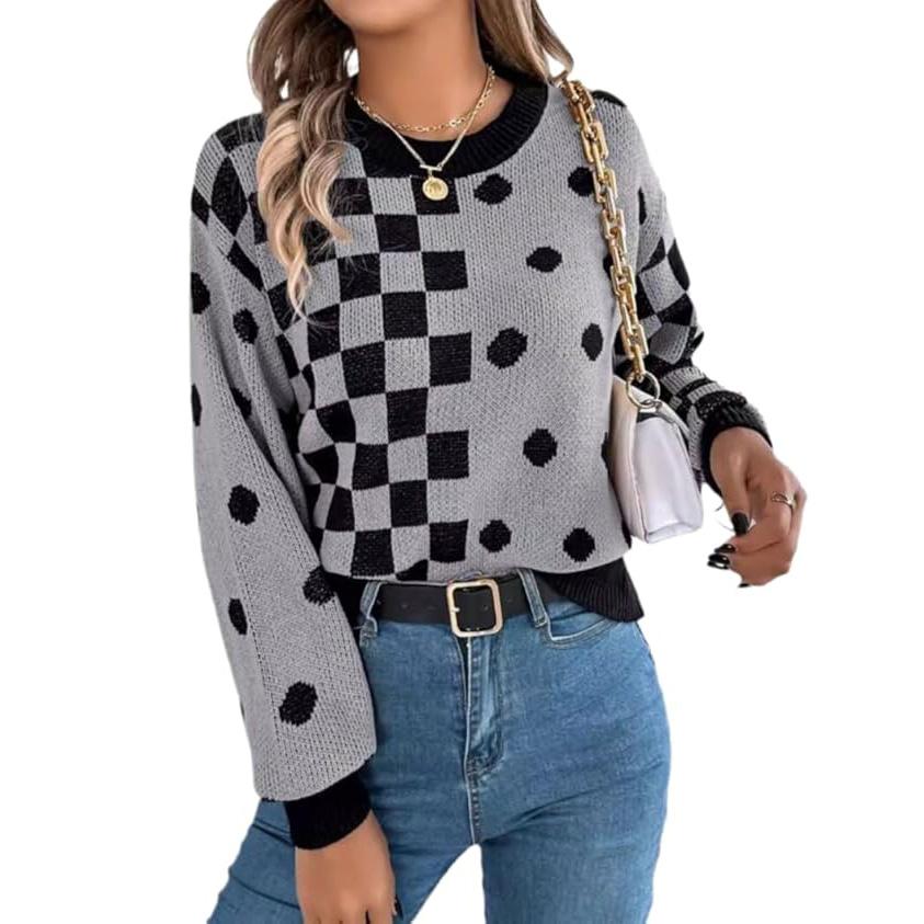 

Женский вязаный свитер с круглым вырезом и длинным рукавом, свободный свитер в горошек, клетчатый свитер, джемпер XL серый