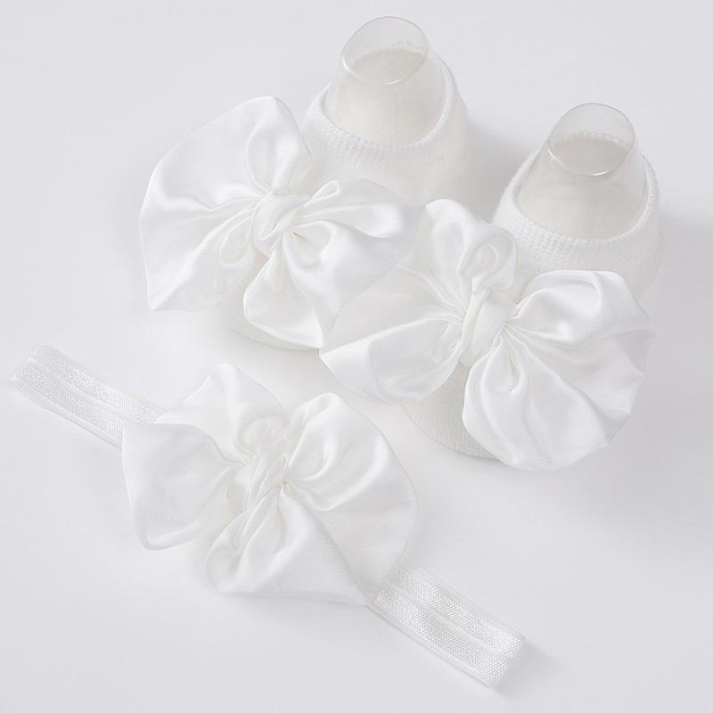 2Pcs Baby Bow Headband Socks Set Toddler Girls Solid Color Bowknot Elastic Hairband Turban Soft Anti-Slip Socks Kids Accessories