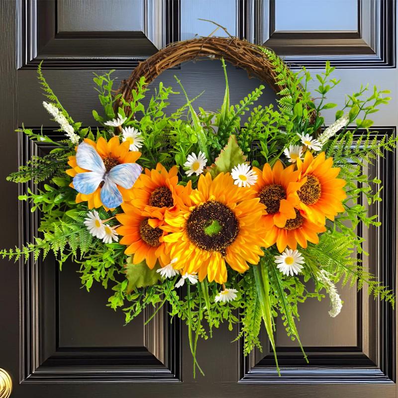 Artificial Sunflower Wreath Front Door Decoration Rustic Farmhouse Style Wall Hanging Floral Ring