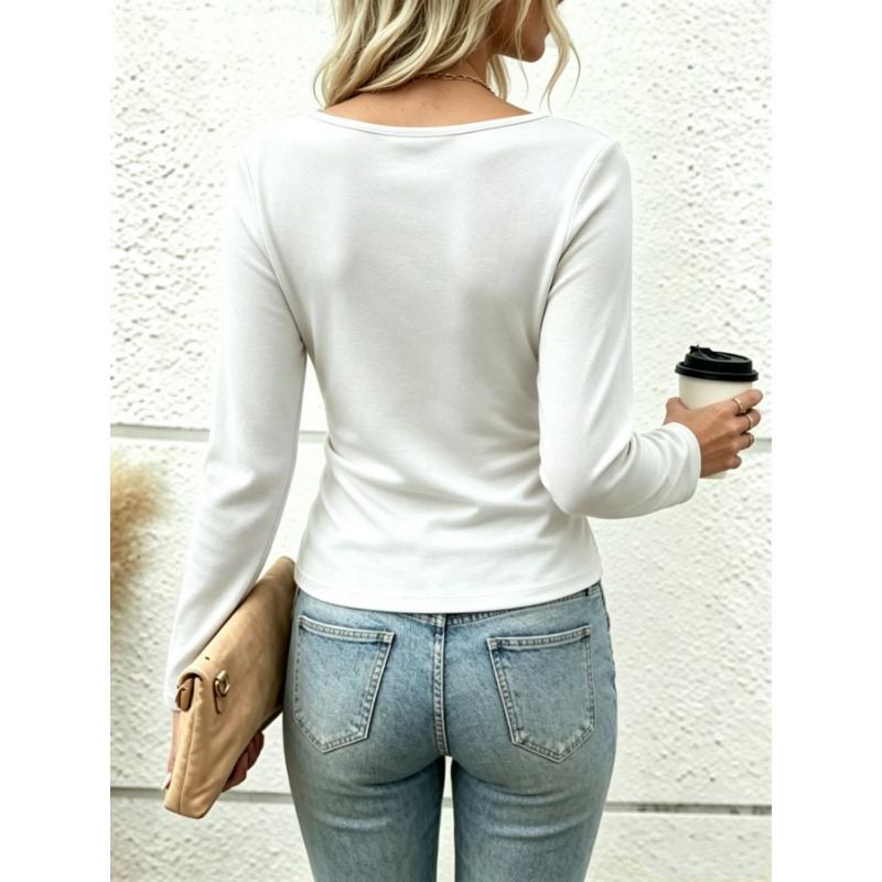 Damen S Langarm V-Ausschnitt Einfarbig Elegantes Oberteil