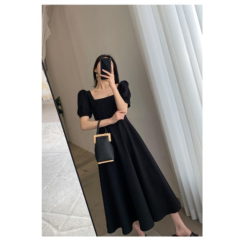 Summer Short Sleeve Square Neck Elegant Women Dress Fashion Loose Slim Fit Casual Office A-line Party Dresses Female Simple Solid Color Woman Clothing