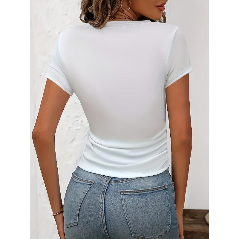 Europäische Größe Y2K T-Shirt mit Lippen- & Kettenprint - Glänzendes Lippenstift- & Schmuckdesign Kurzarm Rundhals Bluse