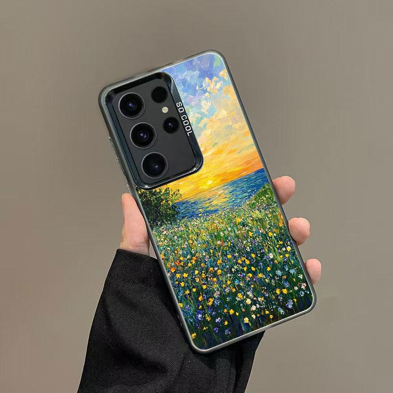 For Samsung S24 S23 Ultra Plus FE S25 S22 Ultra Plus S21 FE Laser Phone Case Floral Pattern Blue Flower Sea Shockproof Covers