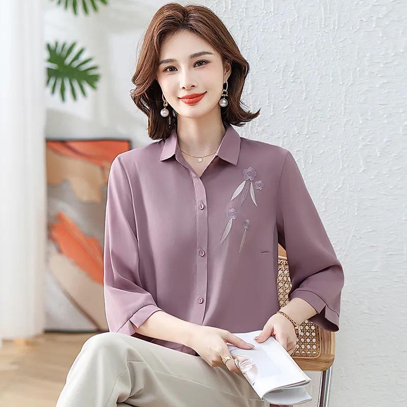 Women s Purple Floral Embroidery 3/4 Sleeve Button Down Blouse XL фиолетовый