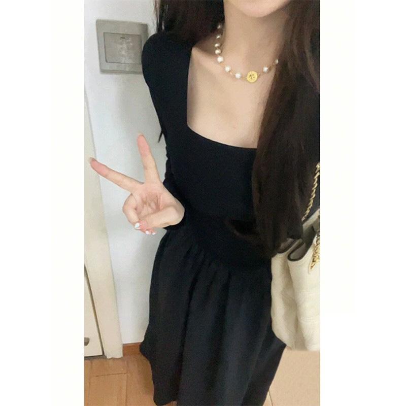 Black square neck long-sleeved dress children's autumn new French Hepburn style long dress feeling early autumn wear