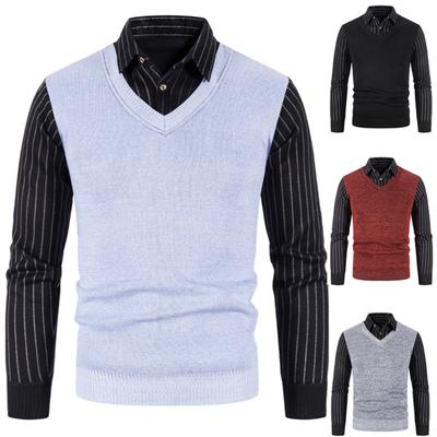 Men's Solid-color Casual V-neck And Square Neck Pullover Knitted Sweater, Men's Fake Two-piece Striped Neck Long-sleeved Sweater