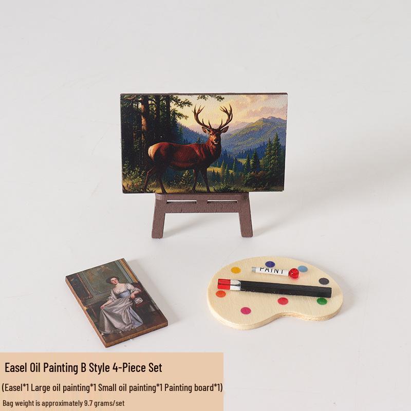 Mini Creative Dollhouse Wooden Easel with Retro Oil Painting Ornament