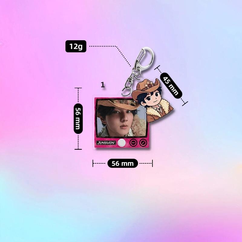 ENHYPEN Retro TV Frame Double Charms Keychain, Member Real Photo+Cowboy Cartoon Pendant, Kpop Engene Fans Collectible Bag Charm Key Ring Merchandise