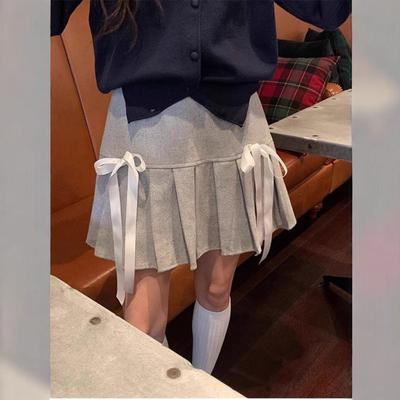 College Style Sweet and Chic Pleated Skirt Gray Skirt for Women Spring and Autumn Wool Zipper Design Bow Skirt