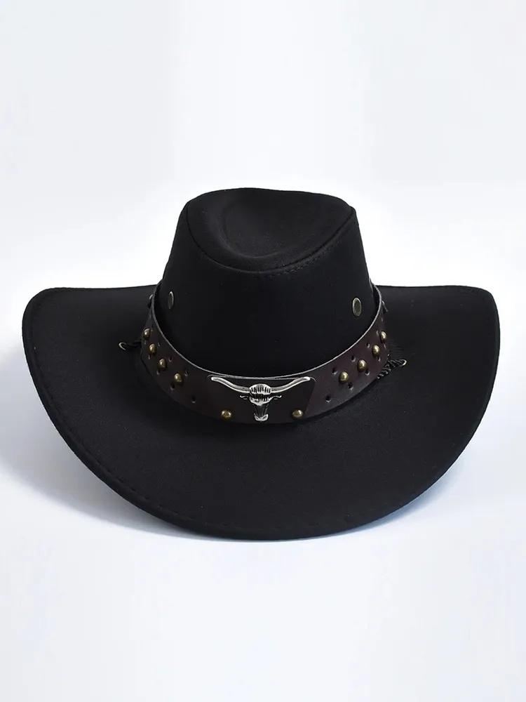Bull Head Leather Top Hat, Ethnic Western Cowboy Hat, Retro Equestrian Hat For Men And Women