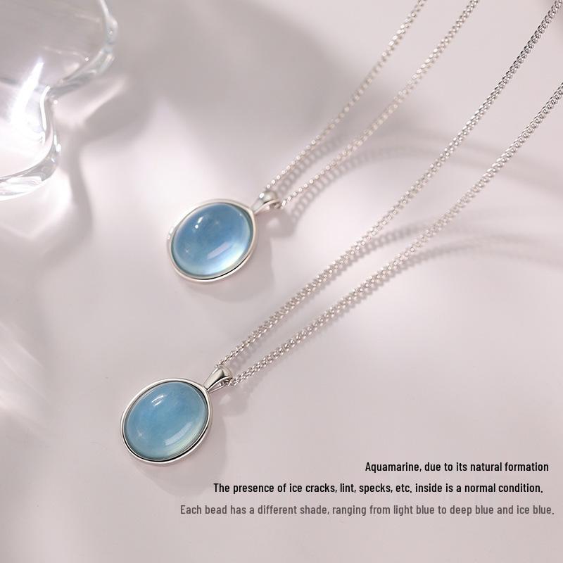 Aquamarine Oval Zircon Pendant Necklace - Women's Elegant Clavicle Chain, Simple Luxury Choker