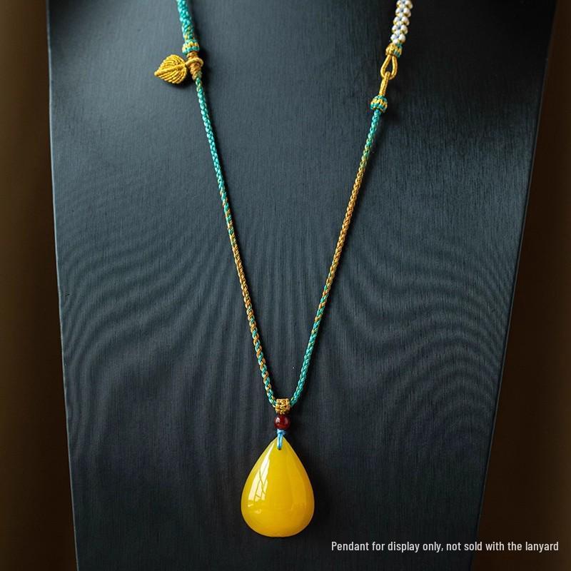 Handmade Amber-Turquoise Gold Jade Pendant Necklace with Safety Buckle