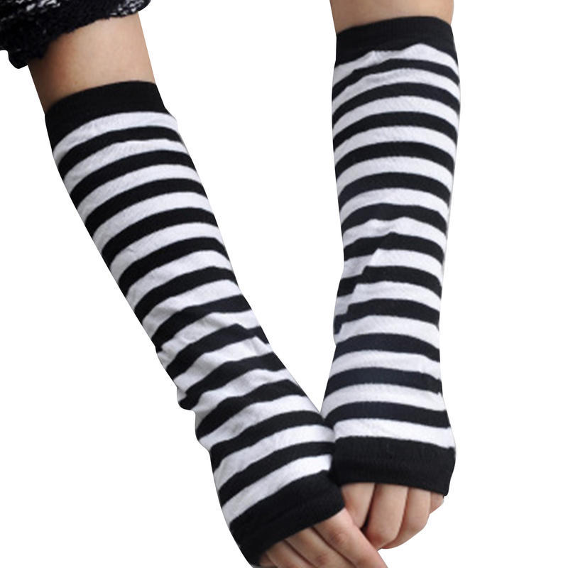Dámské pruhované punkové gotické dlouhé návleky na ruce Zimní strečové rukavice bez prstů s otvorem na palec Pro chladné počasí