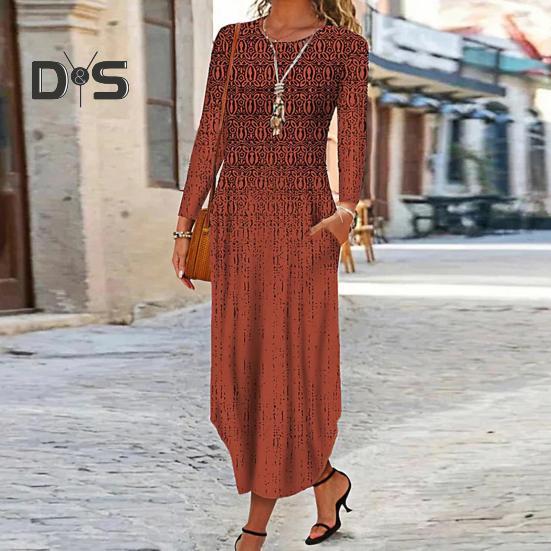 Podzim Jaro Dámské šaty O-výstřih s kapsami Dlouhý rukáv A-linie Tisk Volné Nepravidelný lem Rande Dojíždění Maxi šaty