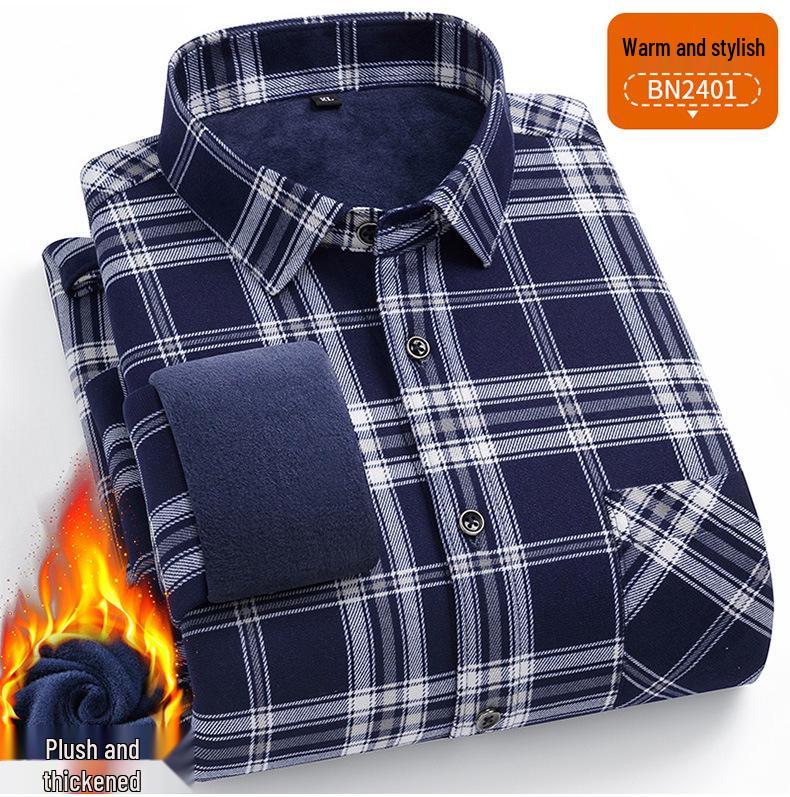 Men's Double-Sided Fleece-Lined Long-Sleeve Shirt for Autumn and Winter