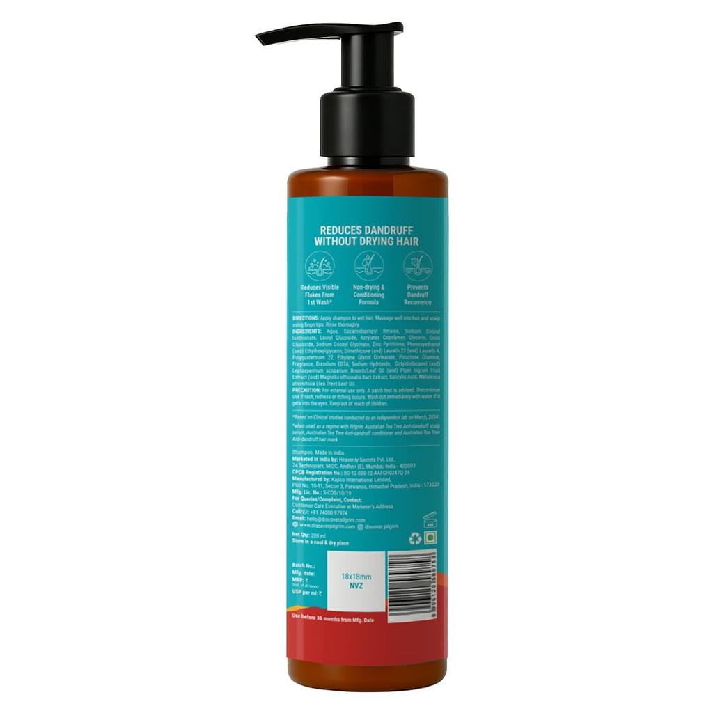 Pilgrim Australian Tea Tree Non-Drying Anti-Dandruff Shampoo 200 Ml X Pack of 2 for Smooth, Strong Hair