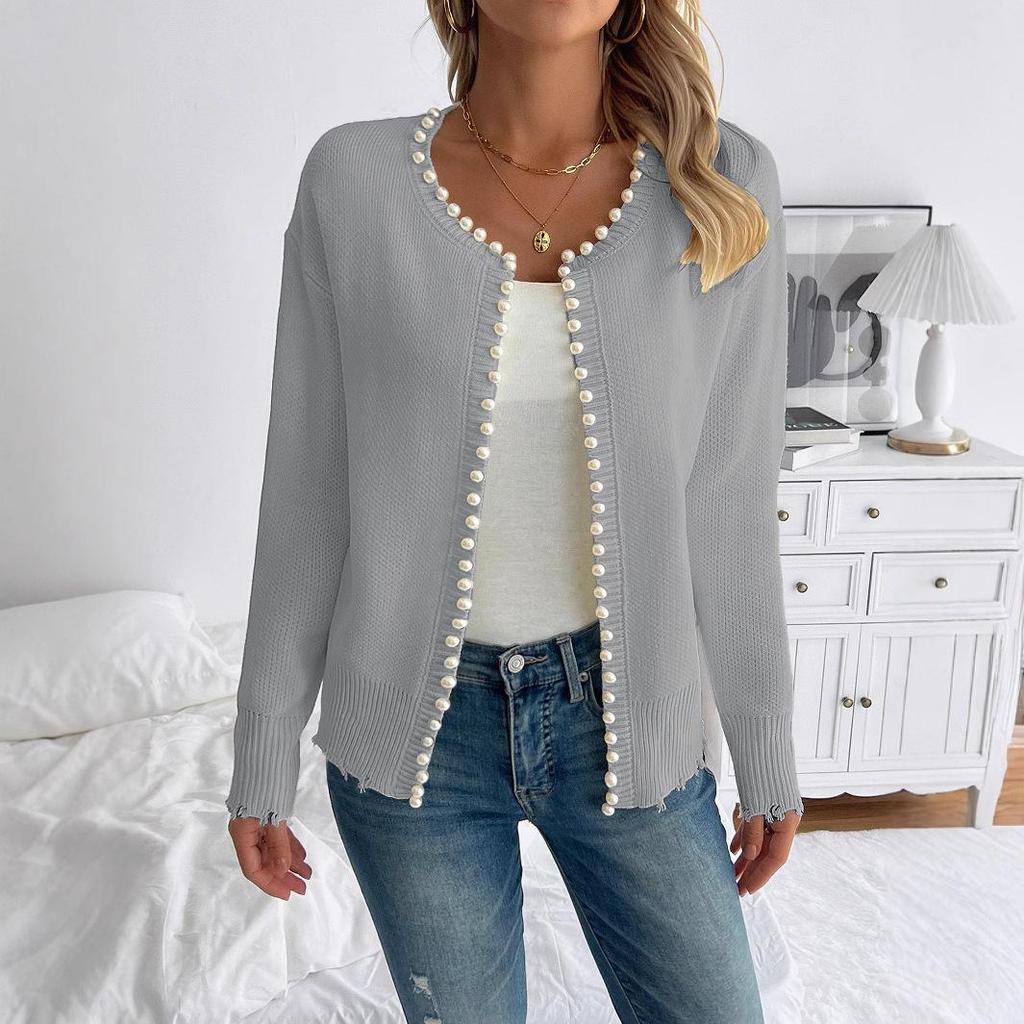 2024 European & American Casual Pearl Round Neck Long Sleeve Black Cardigan Coat