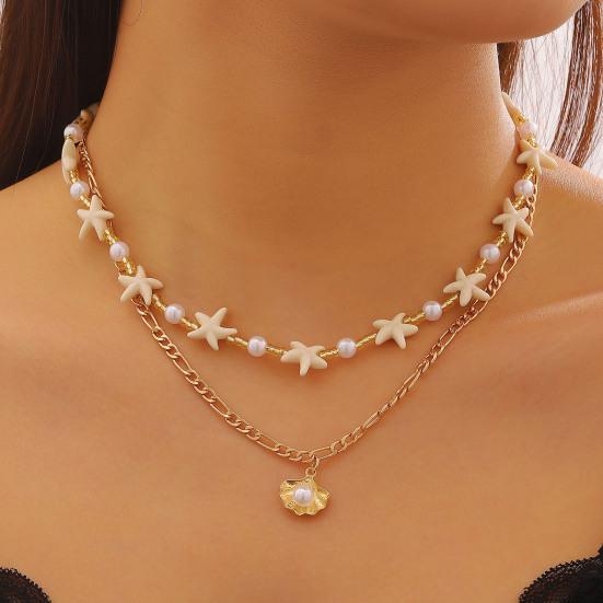 Colar Estrela-do-Mar Bohemia Pérola Falsa Leve Hipoalergênico Feminino Pingente de Concha Corrente Dourada Colar Joia de Pescoço Praia Oceânica