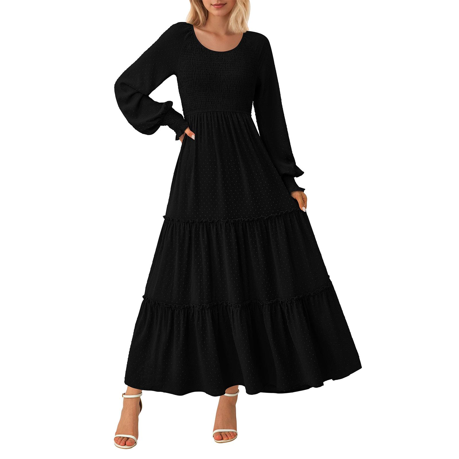 

Женские удлиненные платья в стиле бохо с длинными рукавами, многослойные, плиссированные, струящиеся, в горошек, утягивающие платья XL чёрный