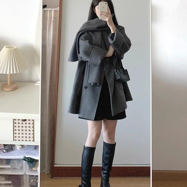 Gray Korean-Style Wool Coat for Women - Spring/Autumn 2025, Petite Mid-Length