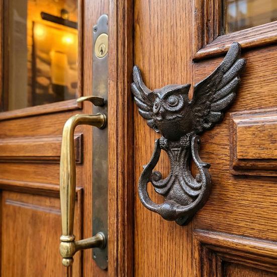 Xiaobudian Vintage Cast Iron Owl Door Knocker, Wrought Hollow Carved Wall Decor, Thickened Rustproof Cabinet Pull Handle, Pre-Drilled Holes for Gate &