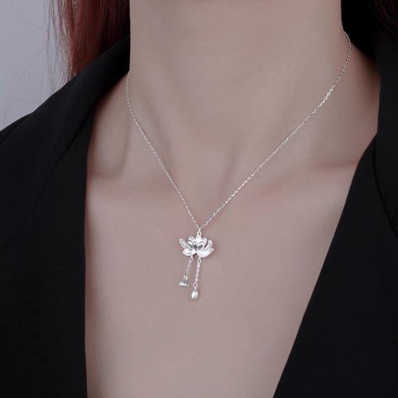 New Popular Lucky Lotus Pendant Necklace, Women'S Lotus Tassel Necklace, Blessing Temperament Necklace