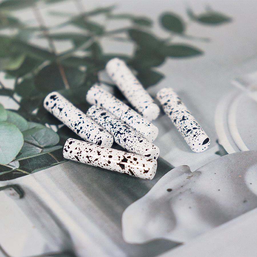 Flat Top Bell Shape Metal Aglet, White Electroplating With Black Dots, Shoelace Cord End Tip Decoration, Custom OEM Service