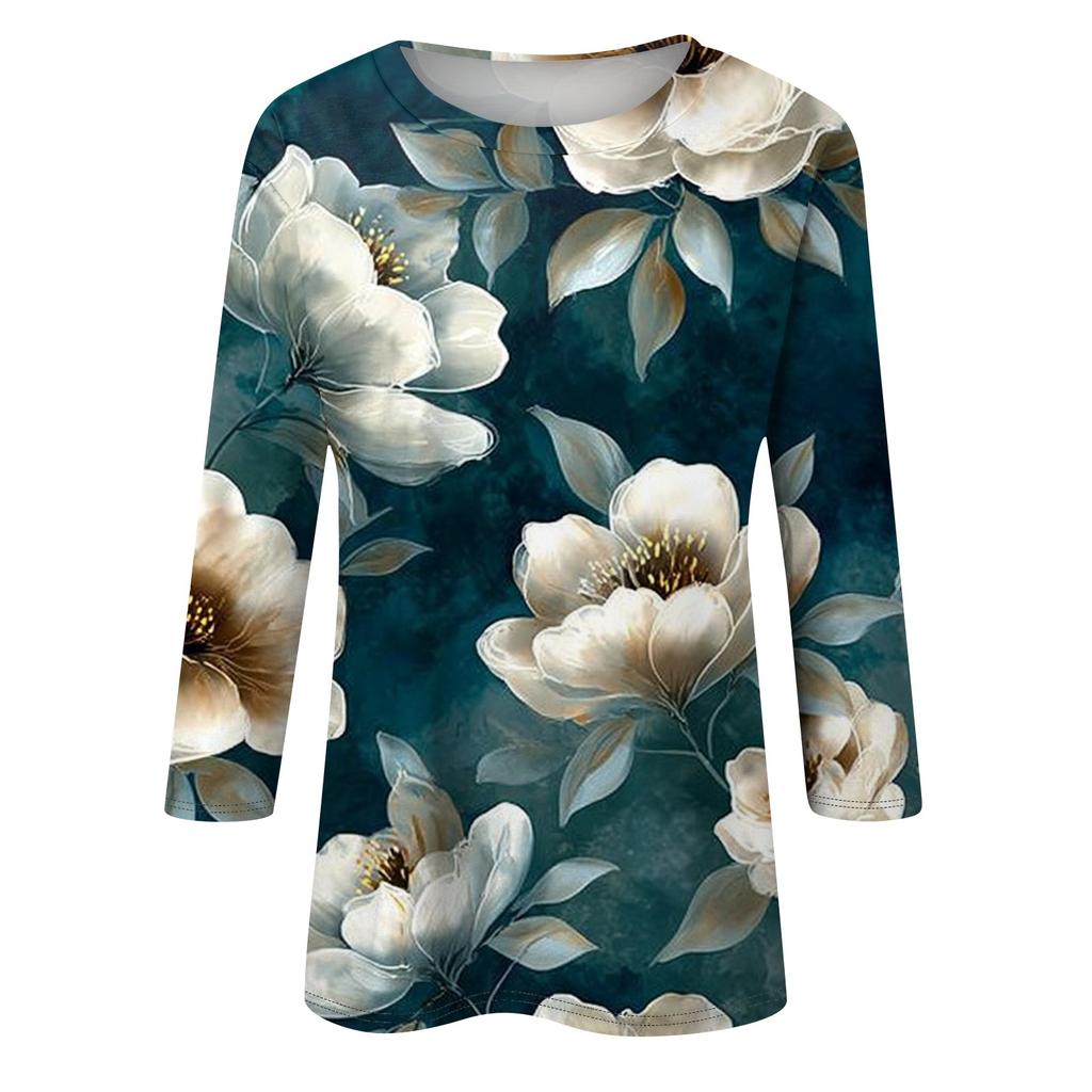 Women's Fashion Casual Round Neck Three Quarter Sleeve Printed T-Shirt Top