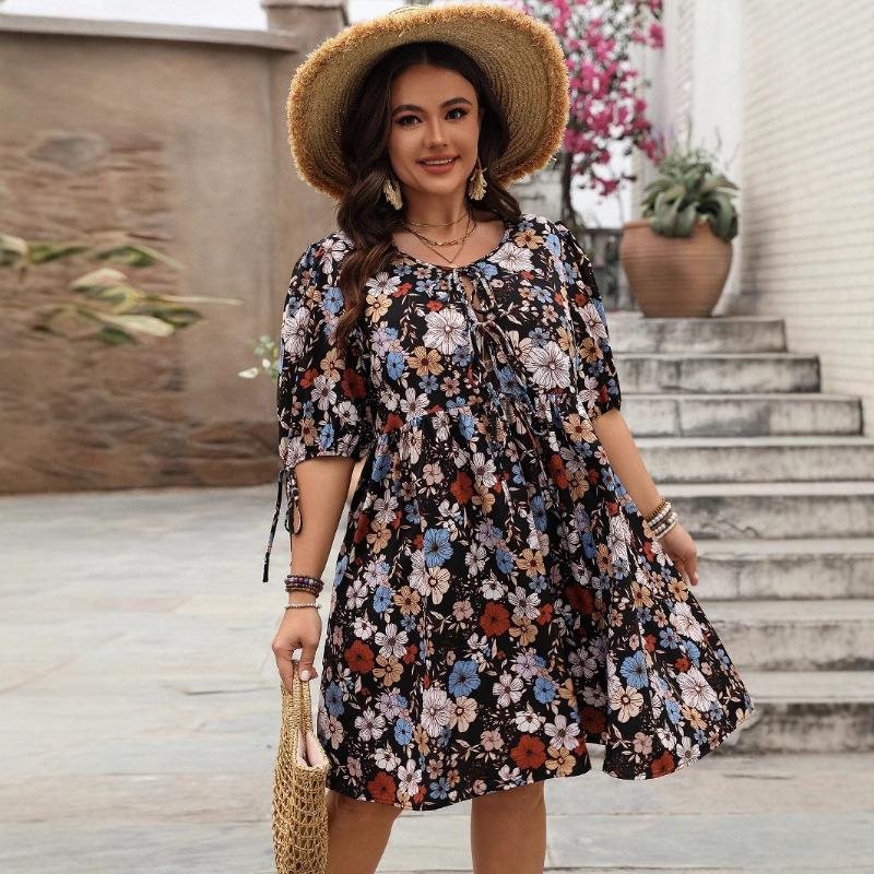 

Весна/лето Женское повседневное праздничное платье в стиле принт с круглым вырезом и рукавами-пятью 4XL чёрный