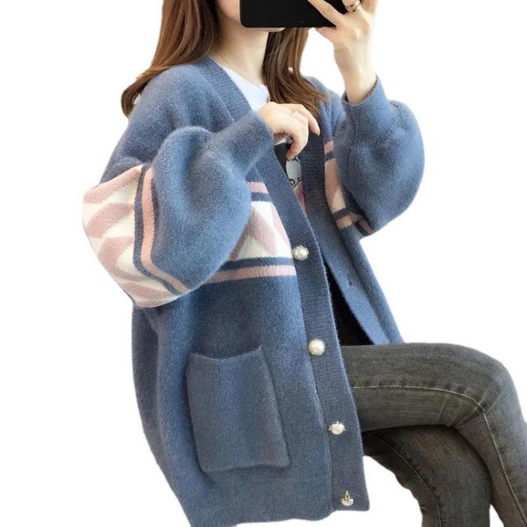 

Korean Loose Long Sleeve Cardigan Women Plus Size Mink Fleece Jacket Knit Single Breasted Coat Sweater L синий
