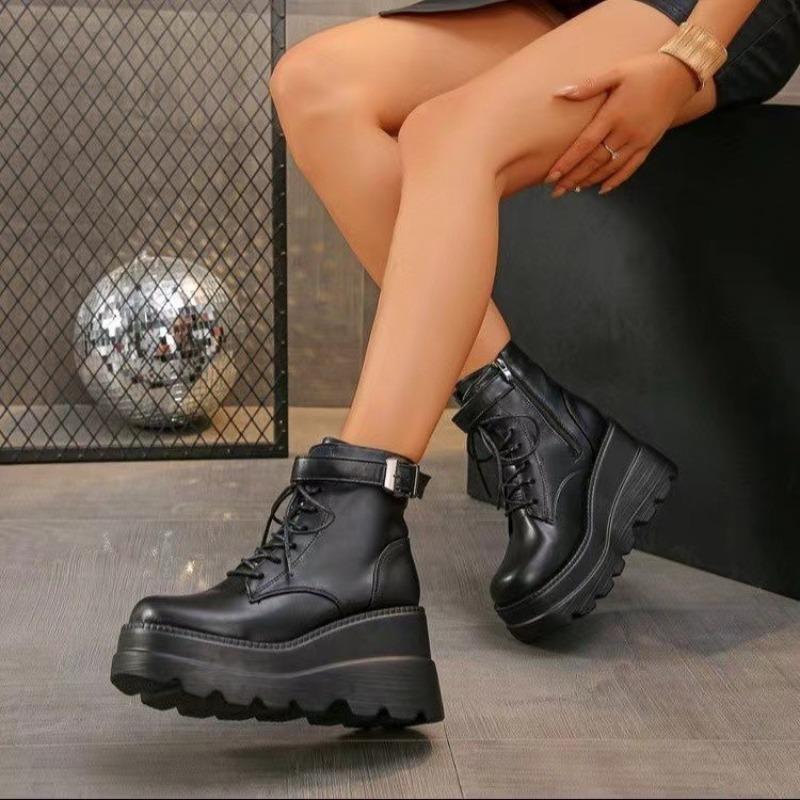 New Style Luxury Black Wedges Ankle Boots Women's Gothic Shoes Designer Round Toe Platform Lace-up Belt Buckle Side Zipper Boots