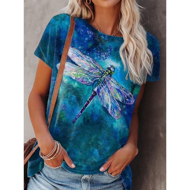 Summer Round Neck 3D Flowers Butterflies Dragonflies Pattern Print Top Fashionable Casual Short Sleeved Women's T-shirts