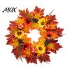 Thanksgiving Front Door Wreath Fall Sunflower Maple Leaf with Pumpkin Pinecone, Harvest Artificial Decorative Hanger Wreath, Indoor Outdoor