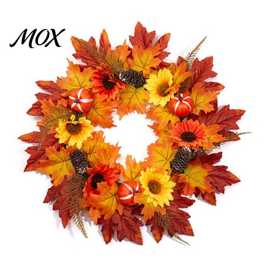 Thanksgiving Front Door Wreath Fall Sunflower Maple Leaf with Pumpkin Pinecone, Harvest Artificial Decorative Hanger Wreath, Indoor Outdoor