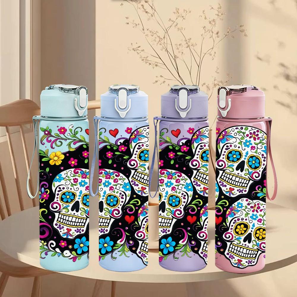 1PC Colorful Sugar Skull Art Print 750ml Color Plastic Sports Water Bottle Leakproof Flip Straw Lid Suitable for Sports Office Home Use