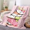 Kawaii Sushi Characters Blanket - A whimsical cartoon illustration of smiling sushi (tuna nigiri, salmon, avocado, pink fish) on