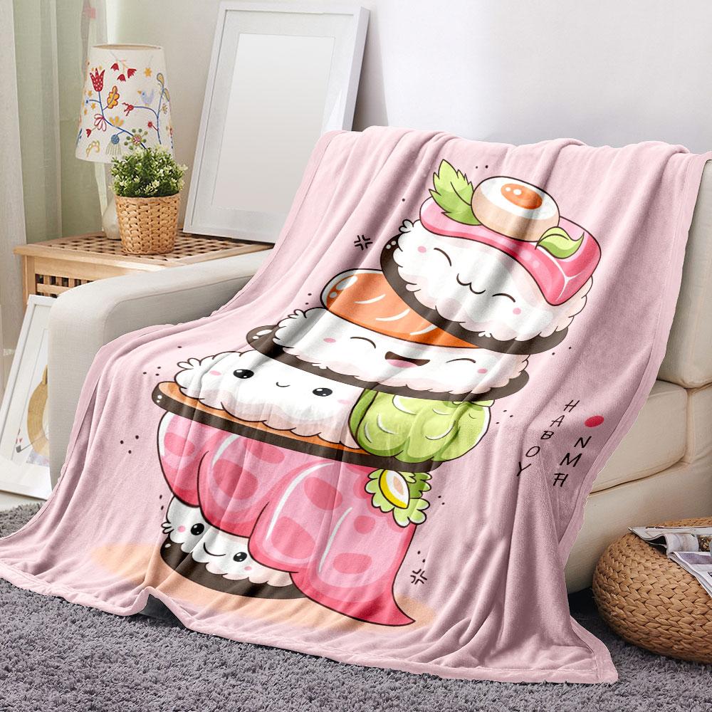 Kawaii Sushi Characters Blanket - A whimsical cartoon illustration of smiling sushi (tuna nigiri, salmon, avocado, pink fish) on