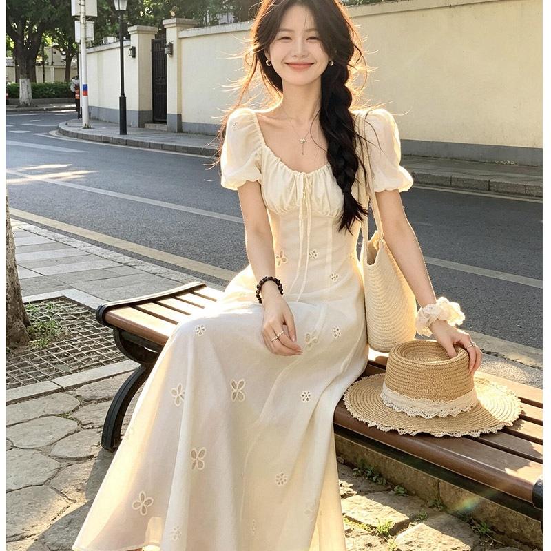 Fairy French heavy industry hollow embroidery beige embroidery dress women's summer bubble sleeves gentle white moonlight long dress