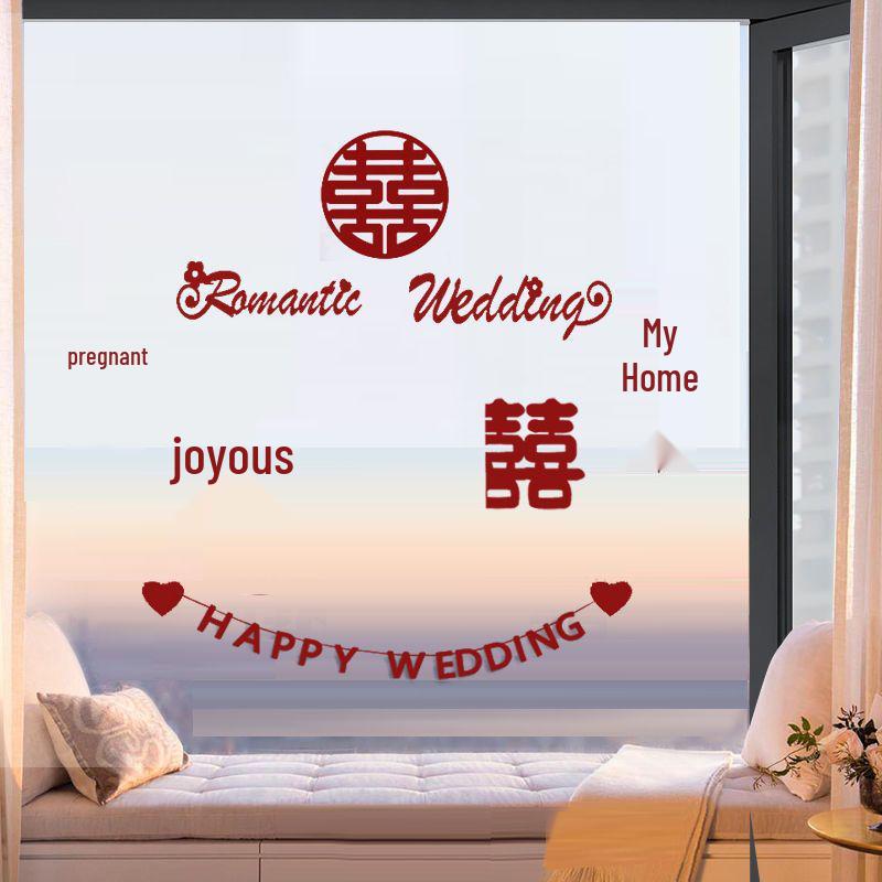 Wedding Room Décor Set: Glass Window Ornaments & Xi Character Pull Flowers for Bedroom or Living Room