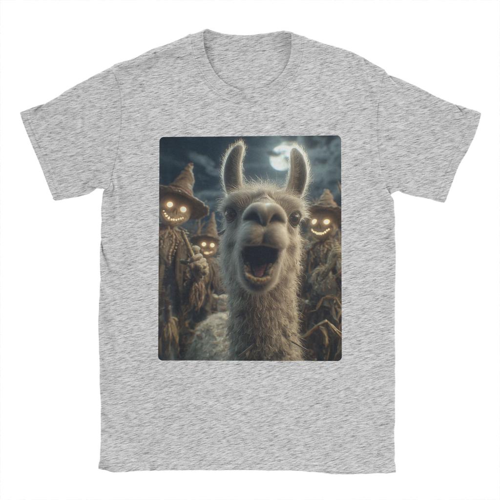 T-shirt Homme Selfie Lama avec Épouvantails Effrayants Nouveauté Coton Manches Courtes Animal T-shirt Halloween Col Rond Hauts Cadeau