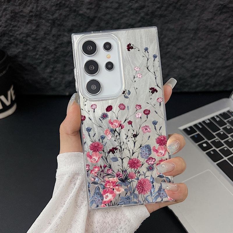Red Floral Pattern Feather Sparkling Hard PC Slim Phone Case For Samsung S25 Ultra S24 FE S23 A36 A56 A16 A55 Glitter Shockproof TPU Soft Edge Cover