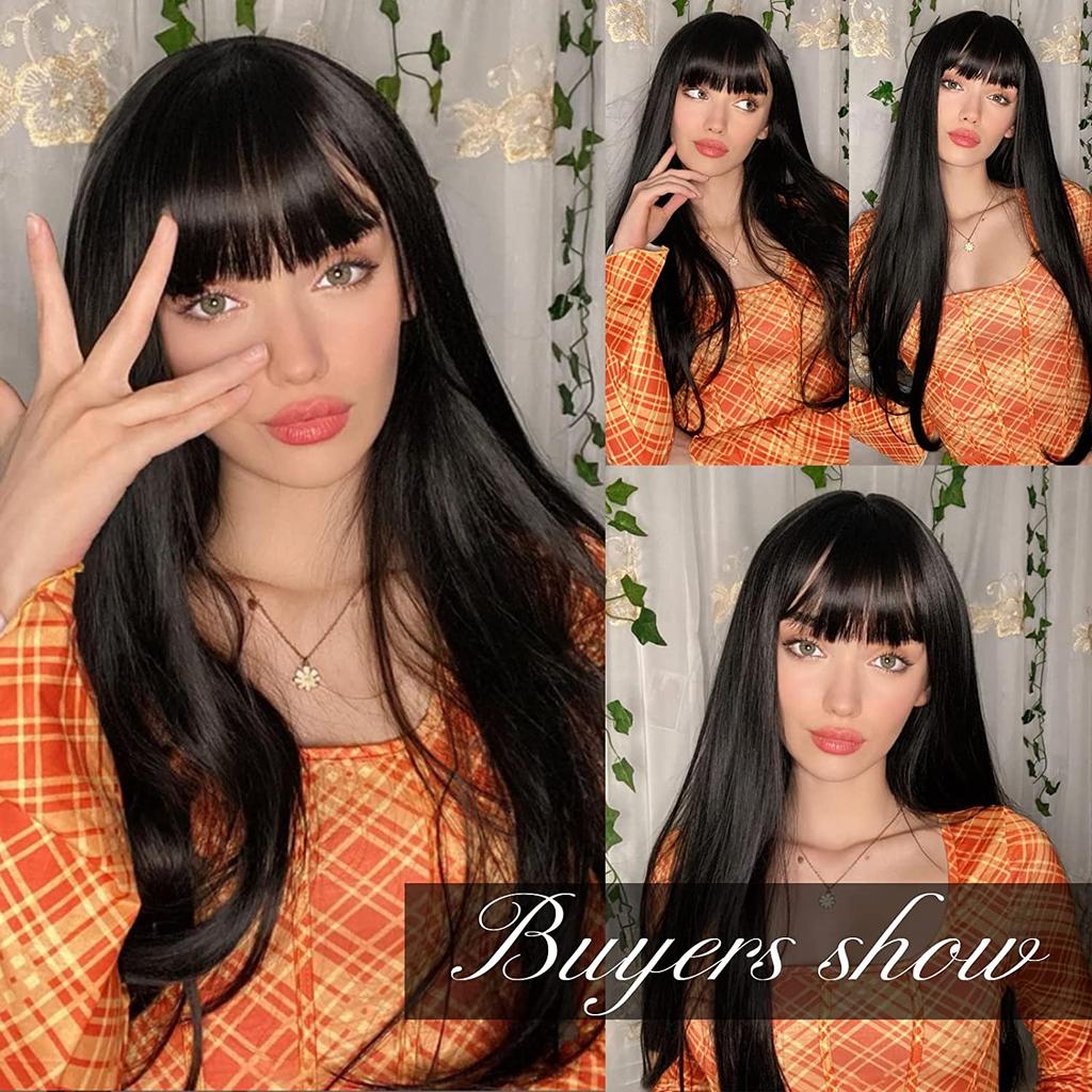 Long Straight Synthetic Wig with Bangs Dark Black Gray Hair Wigs for Women Cosplay Natural Hair Heat Resistant Layered Wigs