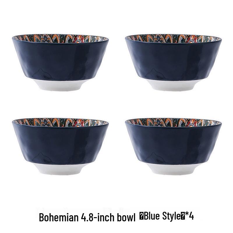 Bohemian Ceramic Rice Bowl Set - High-Temp Resistant, Colorful Underglaze Design