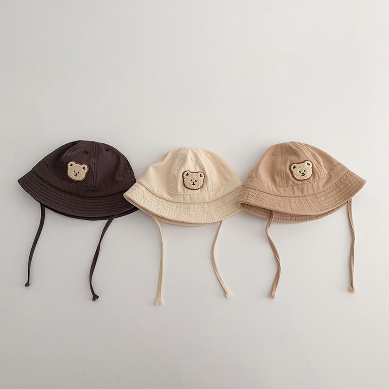 Cute Bear Baby Bucket Hat Solid Color Infant Boy Girl Cotton Fisherman Cap Summer Outdoor Toddler Lace-up Sun Hat