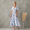 European and American New Large-size Women's Clothing for Printed Dresses, Short-sleeved Waist A-shaped Long Dresses for Women's French Retro