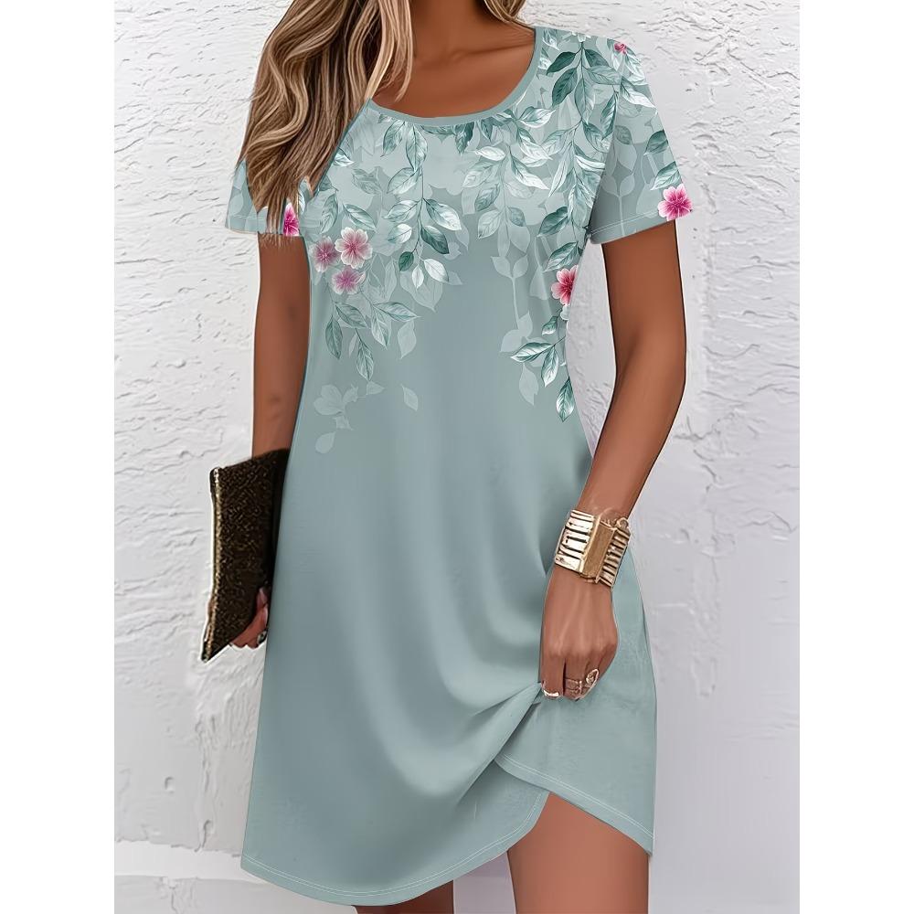 Women's Fashion Graceful Beautiful Flowers Print Summer Spring Short Sleeve O-Neck Casual Dresses