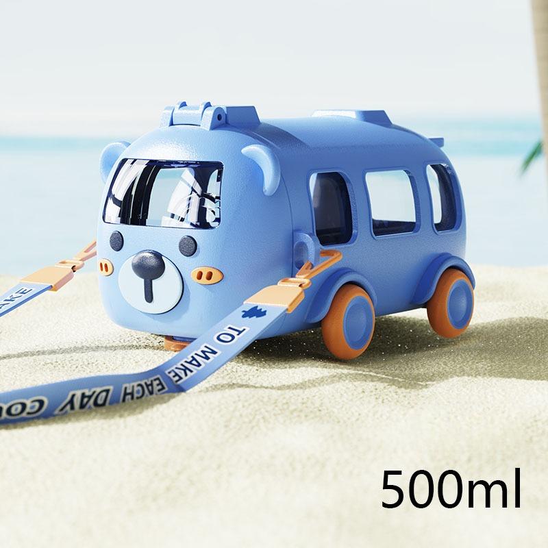 500ml Cute Bear Portable Water Bottle With Shoulder Strap for Kids, Car Straw Cup, Bus Shape Children's Drinking Cup