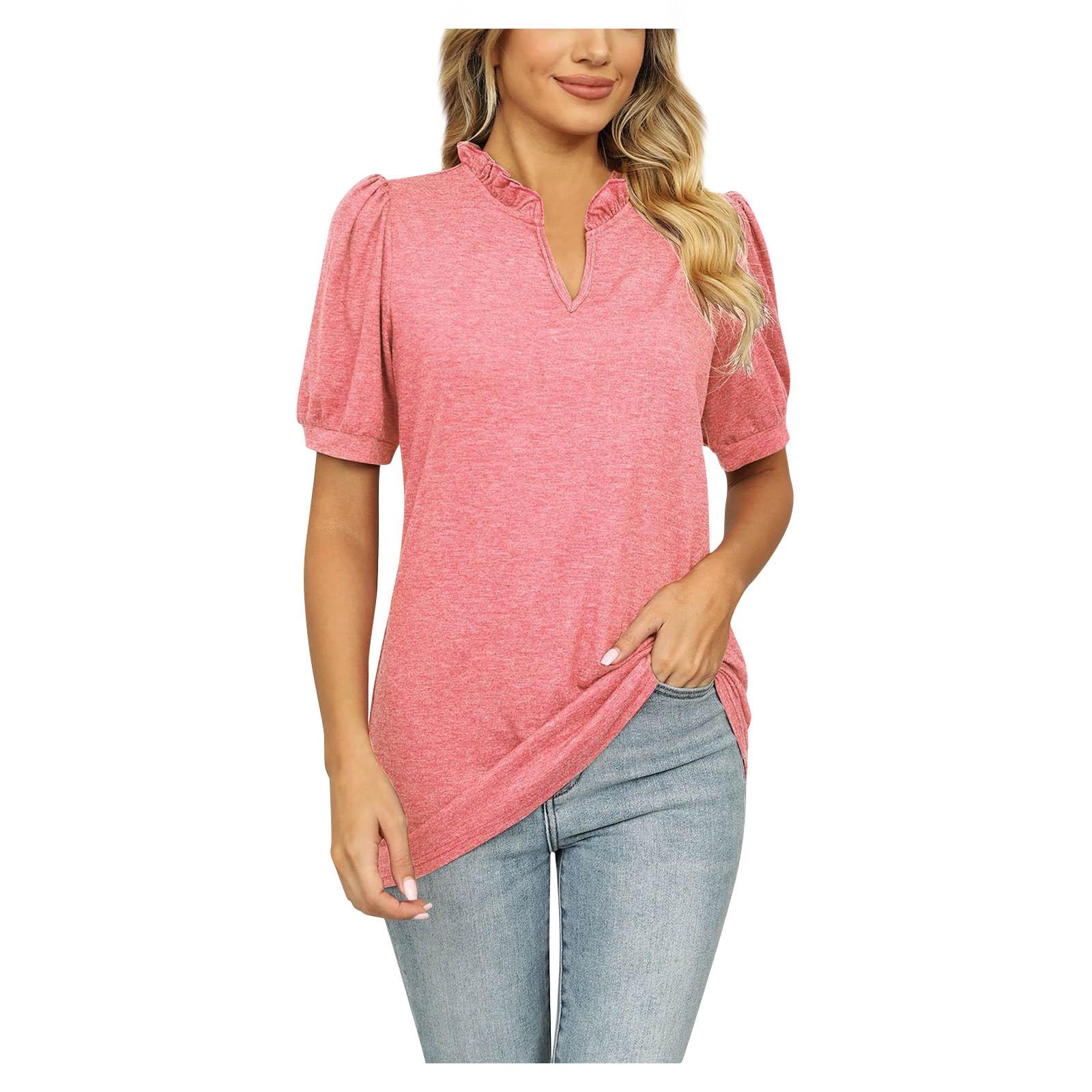 

(SU)Women s Fashion Solid Color Bubble Sleeve Pleated Short Sleeve V-neck T-shirt Top